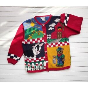 vtg Eagles Eye country farm cow teddy bear hand knit cardigan sweater 2X